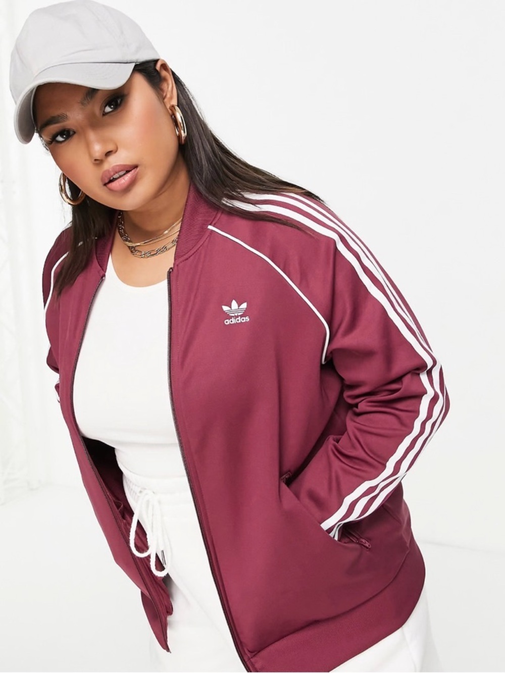adidas Originals Plus adicolor three stripe track top in crimson